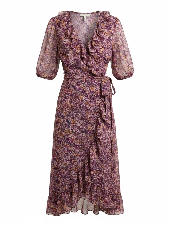 Julian Taylor Dresses & Skirts - Julian Taylor Purple Floral Wrap Midi Dress with Ruffle Trim